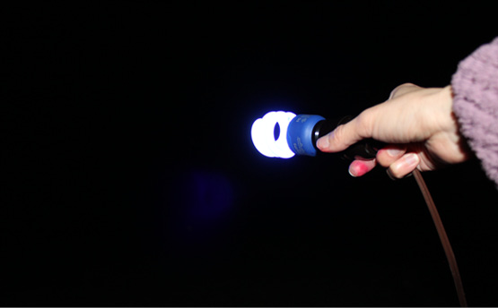 Hand holding a light bulb that is used for light painting